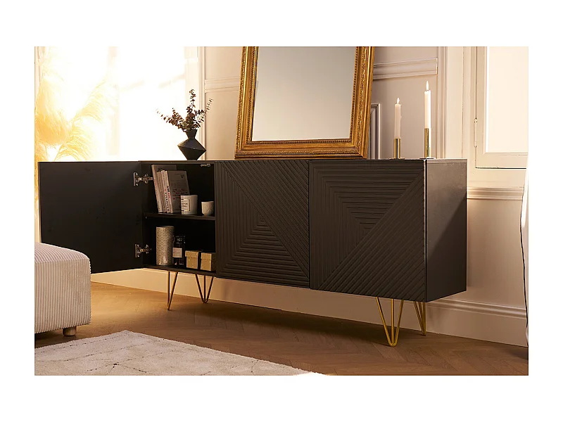 Buffet design gravé noir et métal doré 3 portes L160 cm OZEN