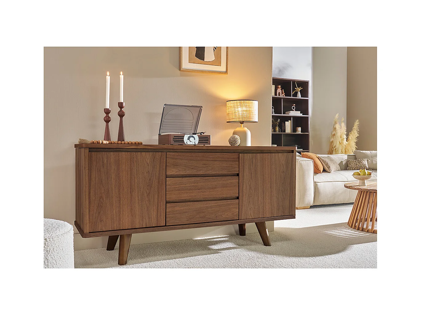 Buffet vintage en bois noyer 2 portes 3 tiroirs L160 cm FIFTIES