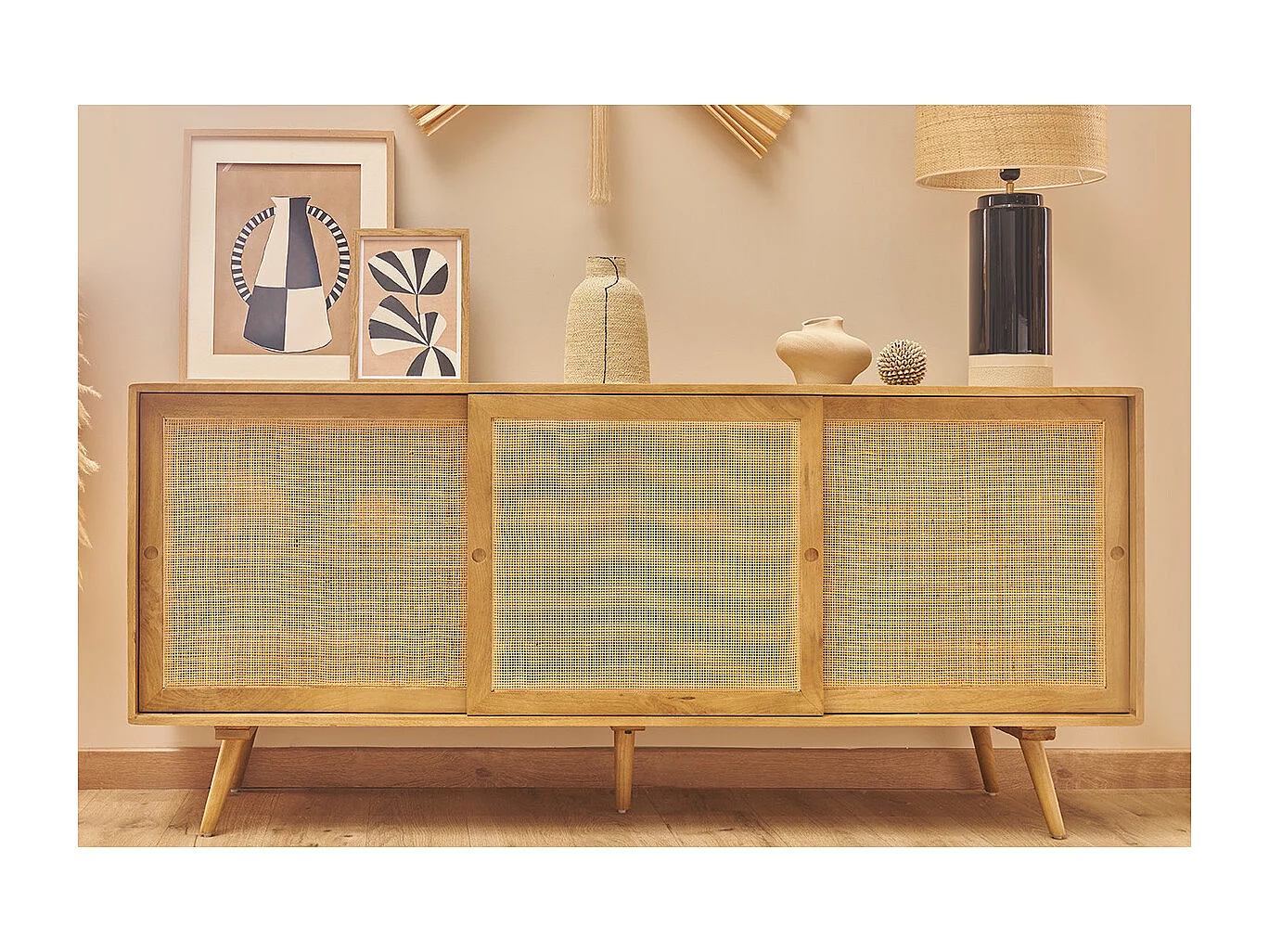 Aparador de madera maciza de mango y caña de ratán con 3 puertas correderas 180 cm ACANGE