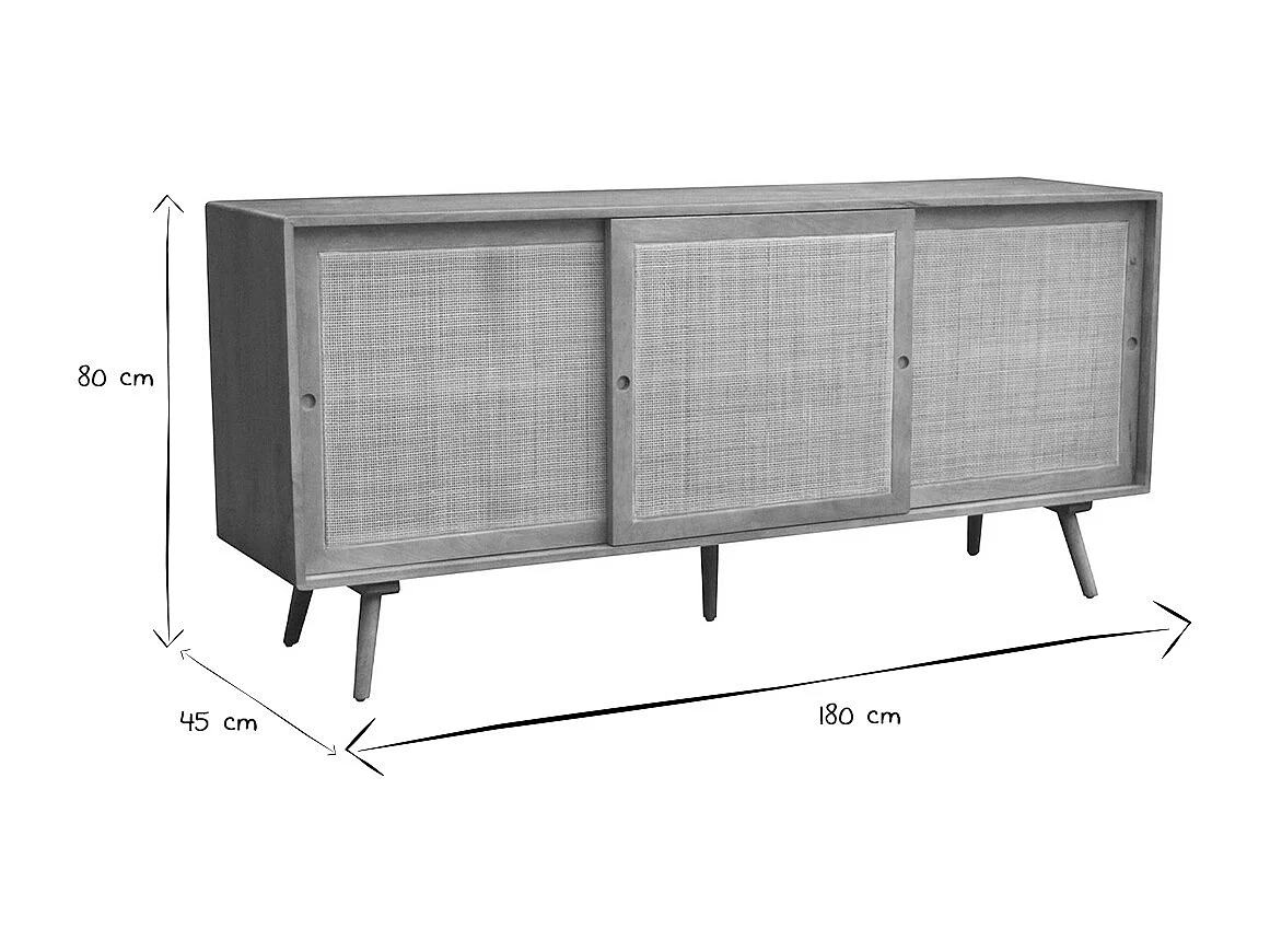 Aparador de madera maciza de mango y caña de ratán con 3 puertas correderas 180 cm ACANGE
