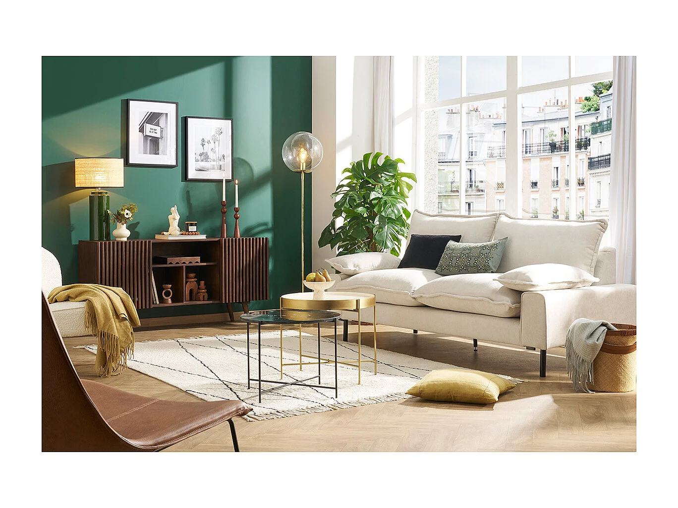 Buffet en manguier massif teinté bois foncé 2 portes coulissantes L140 cm ALBA