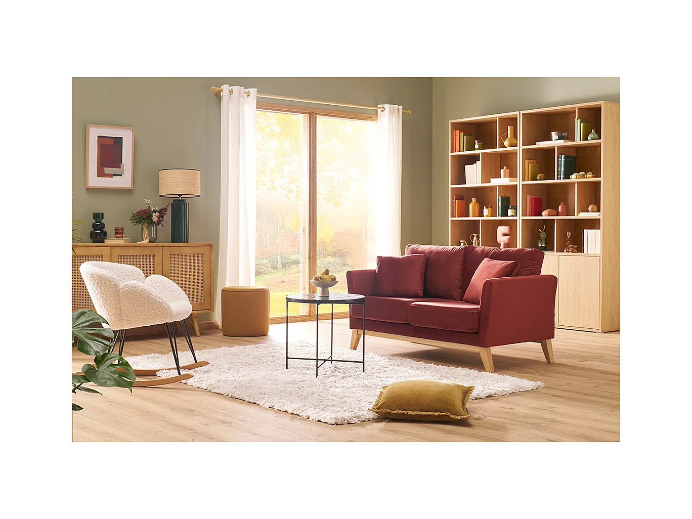 Canapé scandinave déhoussable 2 places en tissu velours rouge tomette et bois clair OSLO