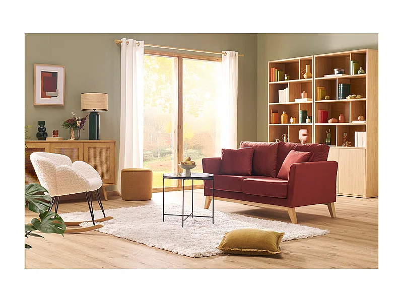 Canapé scandinave déhoussable 2 places en tissu velours rouge tomette et bois clair OSLO