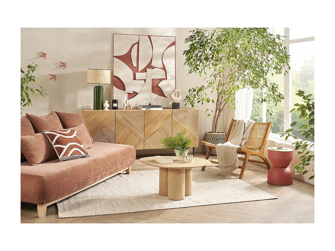 Canapé 3 places en tissu effet velours texturé terre brûlée et bois clair L200 cm ODEON