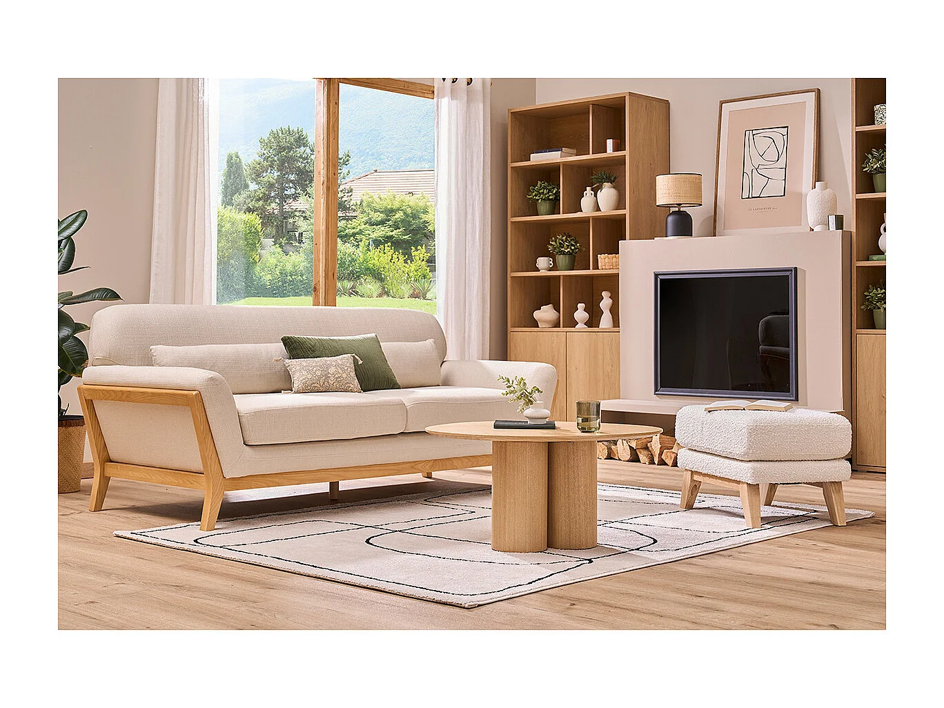 Sofá nórdico 3 plazas beige patas madera YOKO