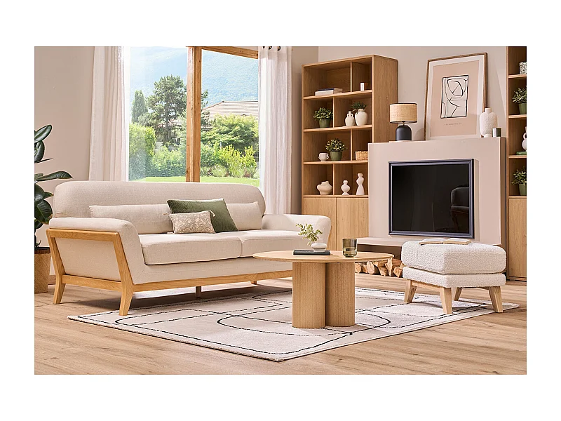 Canapé scandinave 3 places en tissu beige et bois clair YOKO