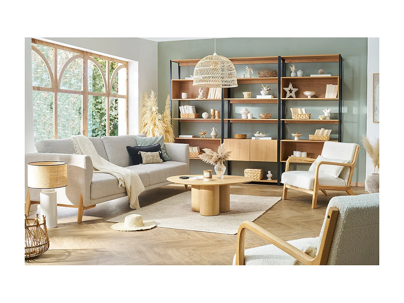 Canapé scandinave 4 places en tissu effet velours texturé beige et bois clair SINDRO