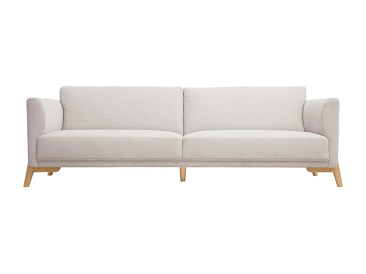 Divano scandinavo 4 posti in tessuto effetto velluto testurizzato beige e legno chiaro SINDRO