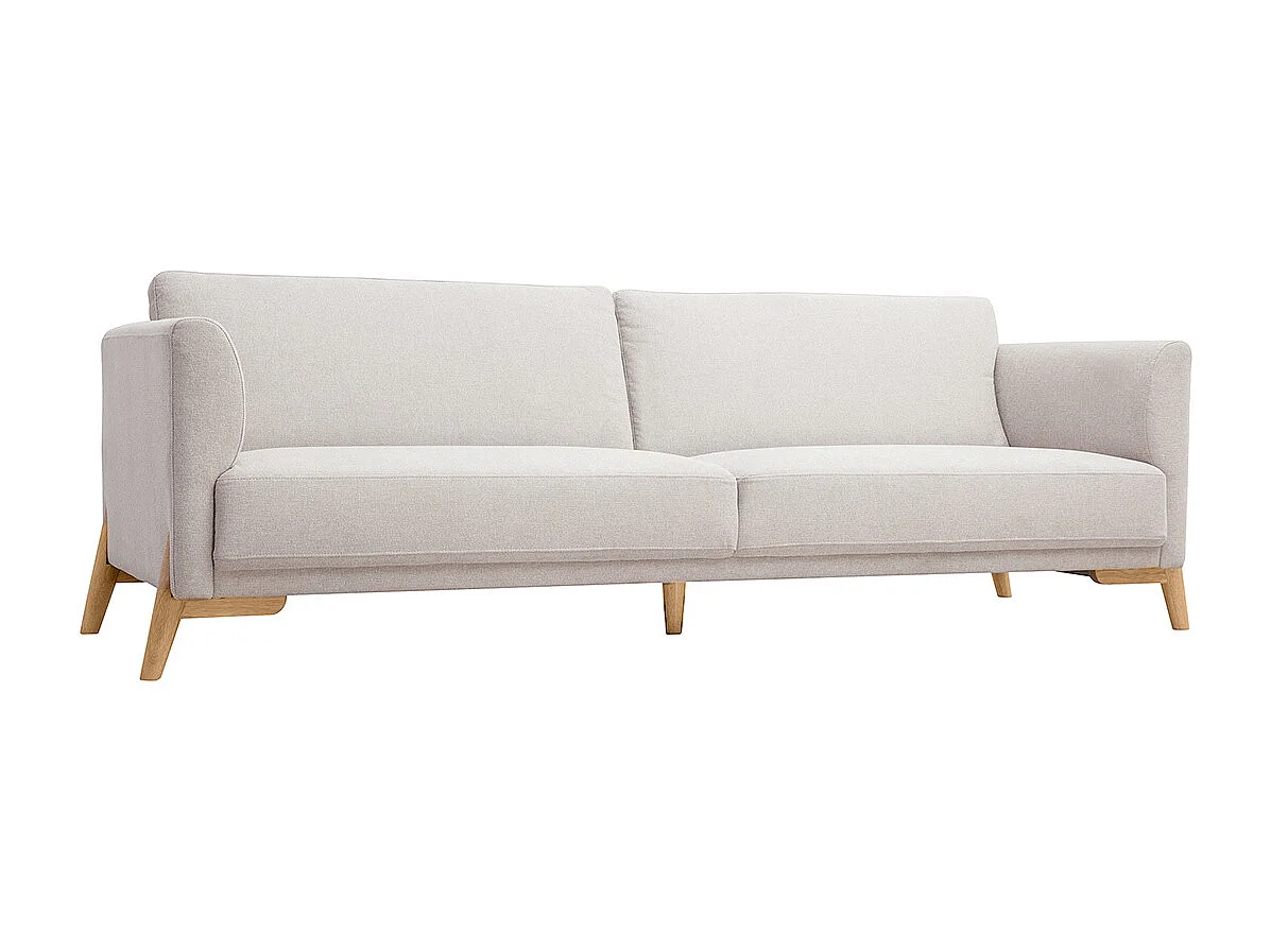 Divano scandinavo 4 posti in tessuto effetto velluto testurizzato beige e legno chiaro SINDRO