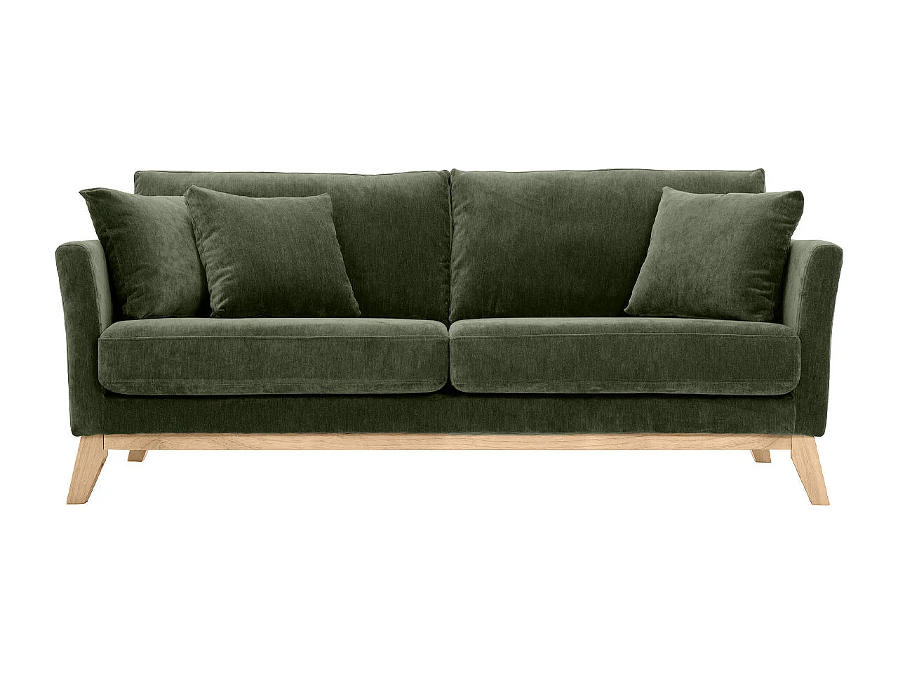 Canapé scandinave déhoussable 3 places en tissu effet velours vert kaki et bois clair OSLO