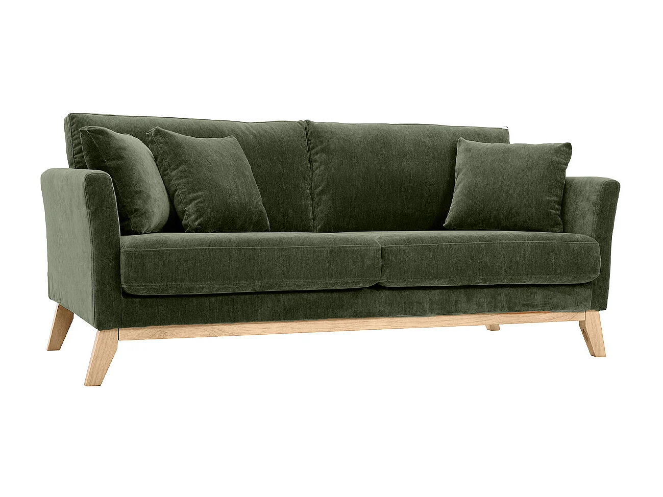 Canapé scandinave déhoussable 3 places en tissu effet velours vert kaki et bois clair OSLO