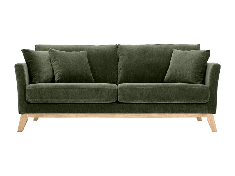 Canapé scandinave déhoussable 3 places en tissu effet velours vert kaki et bois clair OSLO