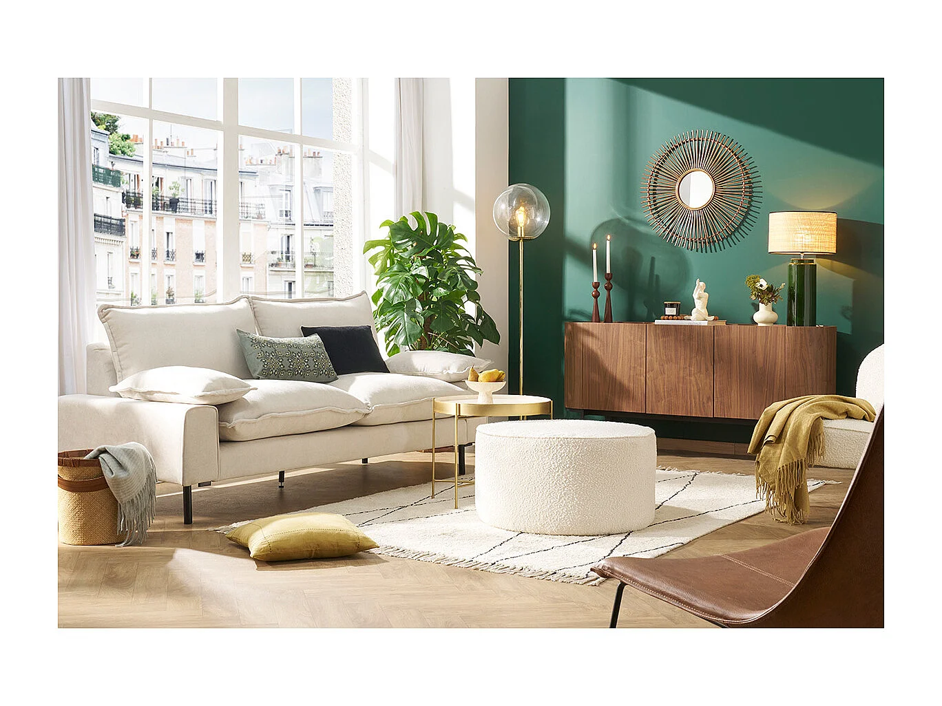 Design-Sofa mit beigem Stoff im Samtdesign und schwarzem Metall 3-Sitzer DORY