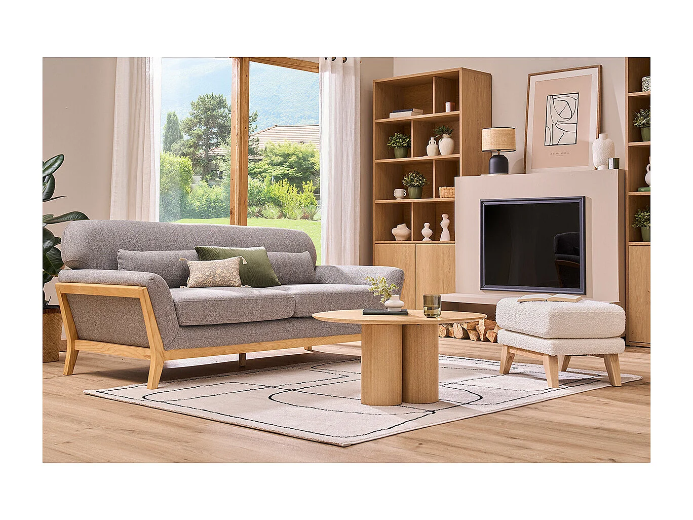 Sofá escandinavo 3 plazas gris patas madera YOKO