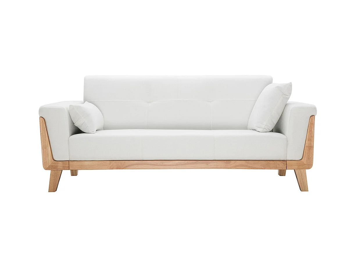 Canapé scandinave 3 places en tissu effet velours blanc cassé et bois clair FJORD