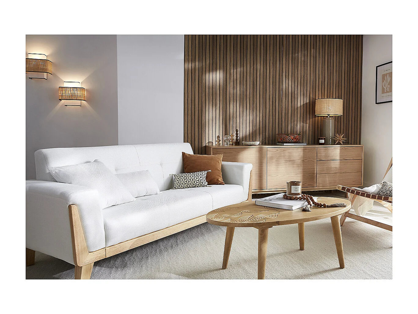 Sofá diseño 3 plazas blanco roto patas madera FJORD