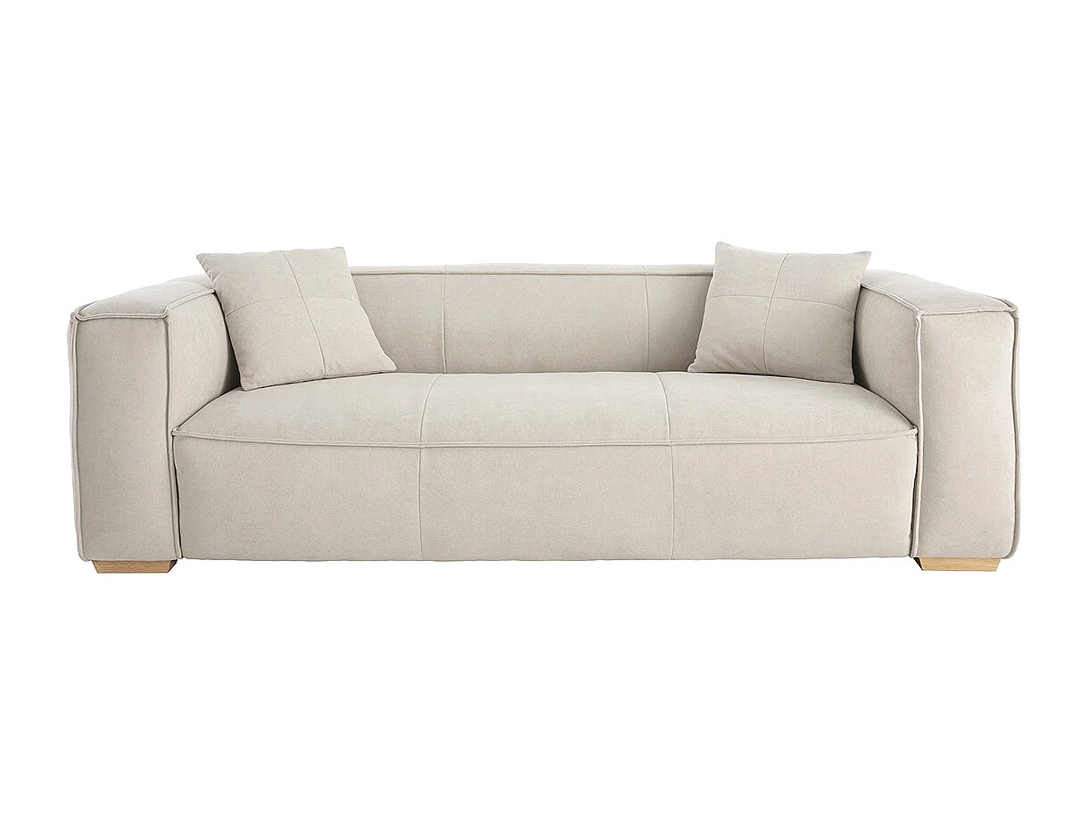 Canapé design 3 places en tissu effet velours beige naturel et bois clair COBAIN