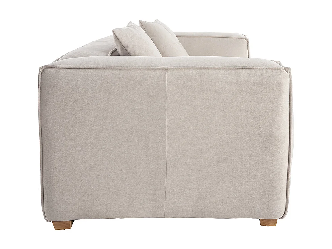 Canapé design 3 places en tissu effet velours beige naturel et bois clair COBAIN