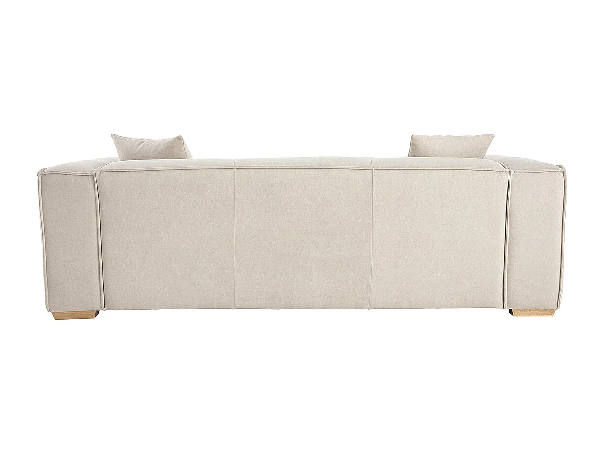 Canapé design 3 places en tissu effet velours beige naturel et bois clair COBAIN