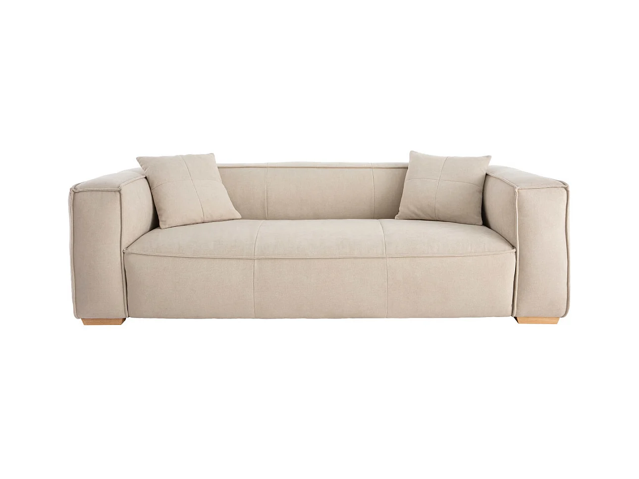 Canapé design 3 places en tissu effet velours naturel et bois clair COBAIN