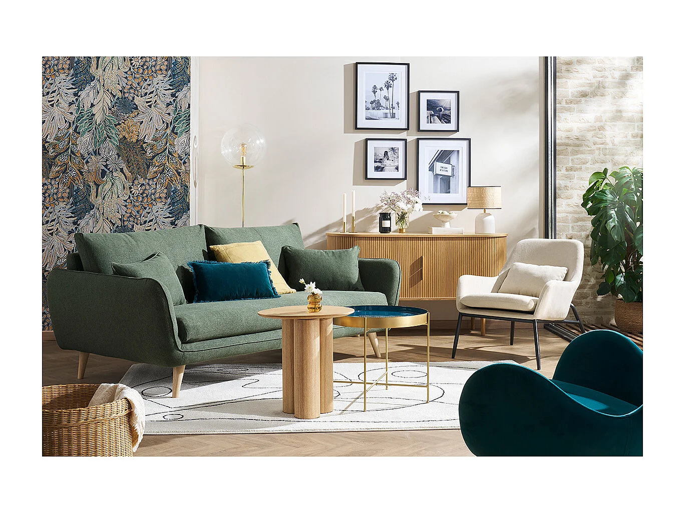 Canapé scandinave 3 places en tissu vert kaki et bois clair CREEP