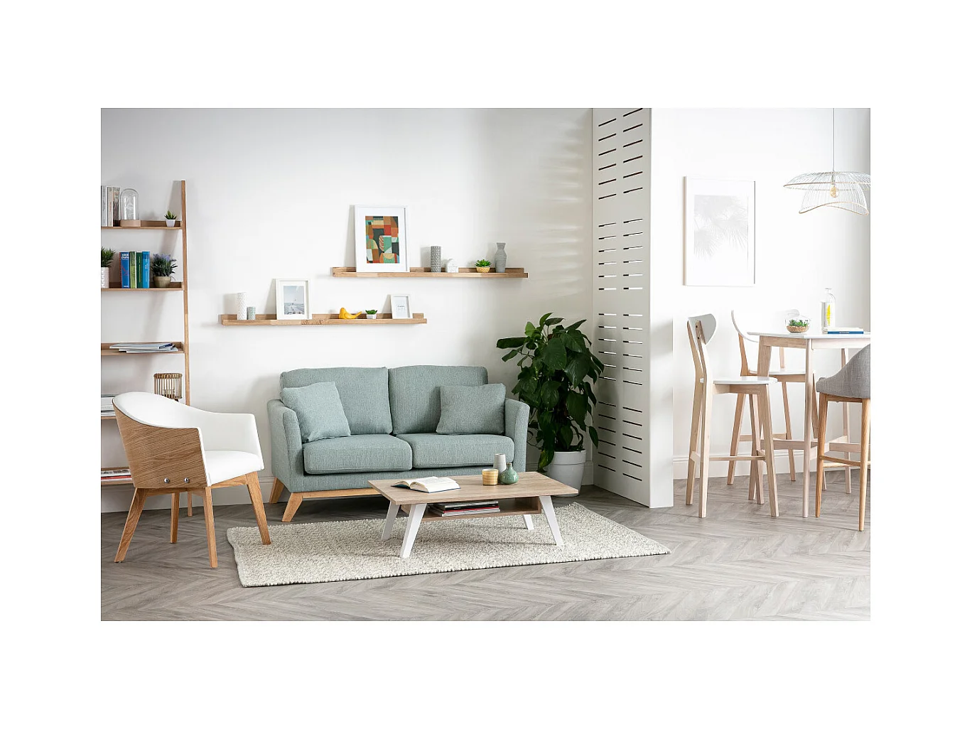 Canapé scandinave déhoussable 2 places en tissu effet velours jaune moutarde et bois clair OSLO