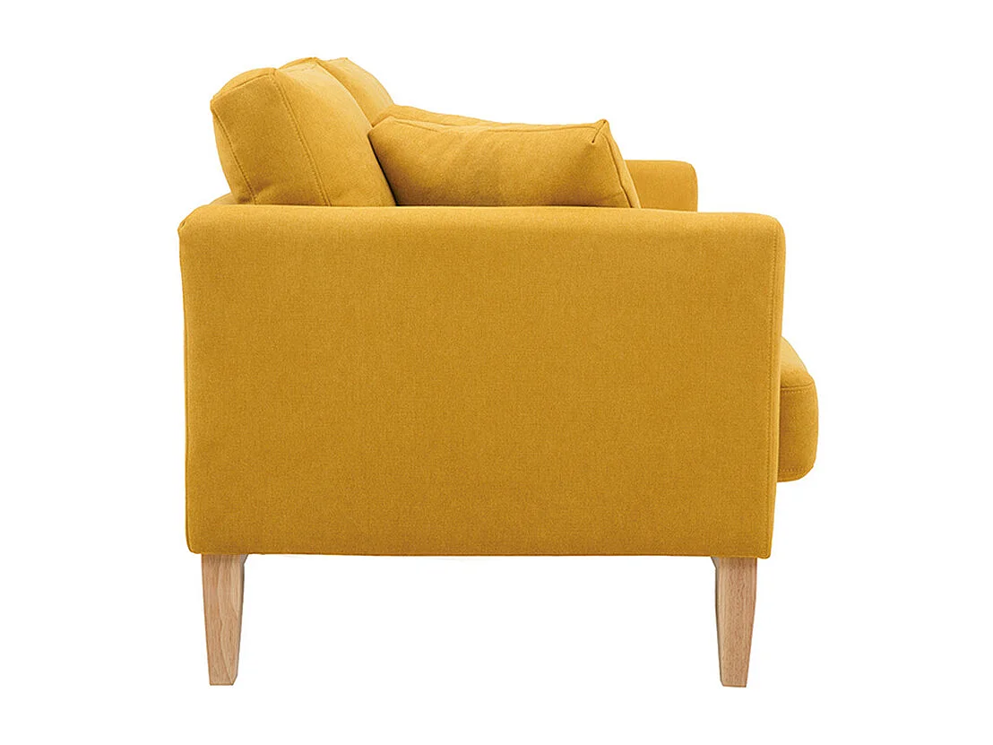Canapé scandinave déhoussable 2 places en tissu effet velours jaune moutarde et bois clair OSLO