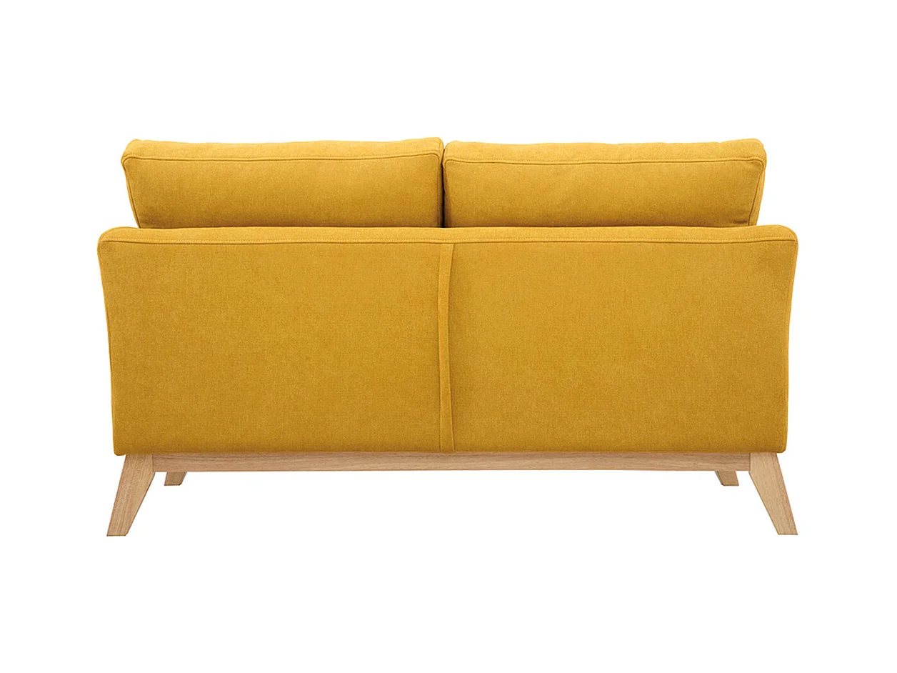 Canapé scandinave déhoussable 2 places en tissu effet velours jaune moutarde et bois clair OSLO