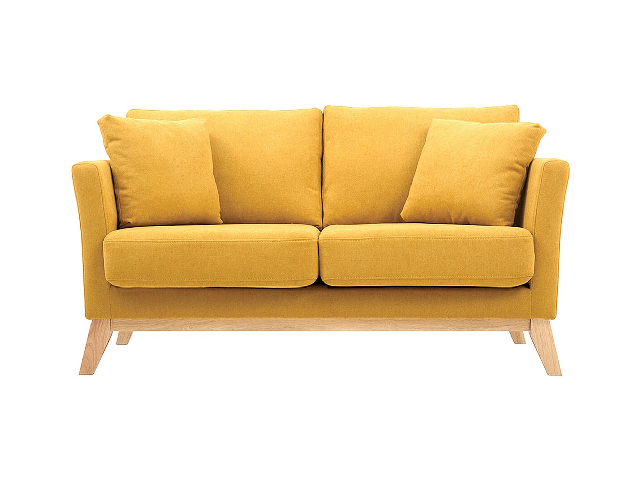 Canapé scandinave déhoussable 2 places en tissu effet velours jaune moutarde et bois clair OSLO