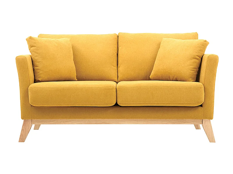 Canapé scandinave déhoussable 2 places en tissu effet velours jaune moutarde et bois clair OSLO