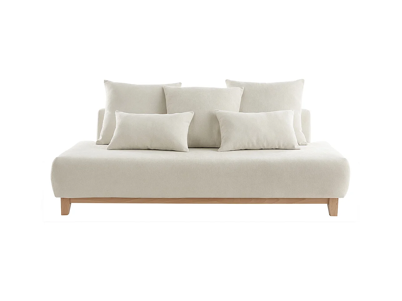 Sofá 3 plazas de tejido efecto aterciopelado texturizado beige y madera clara 200 cm ODEON