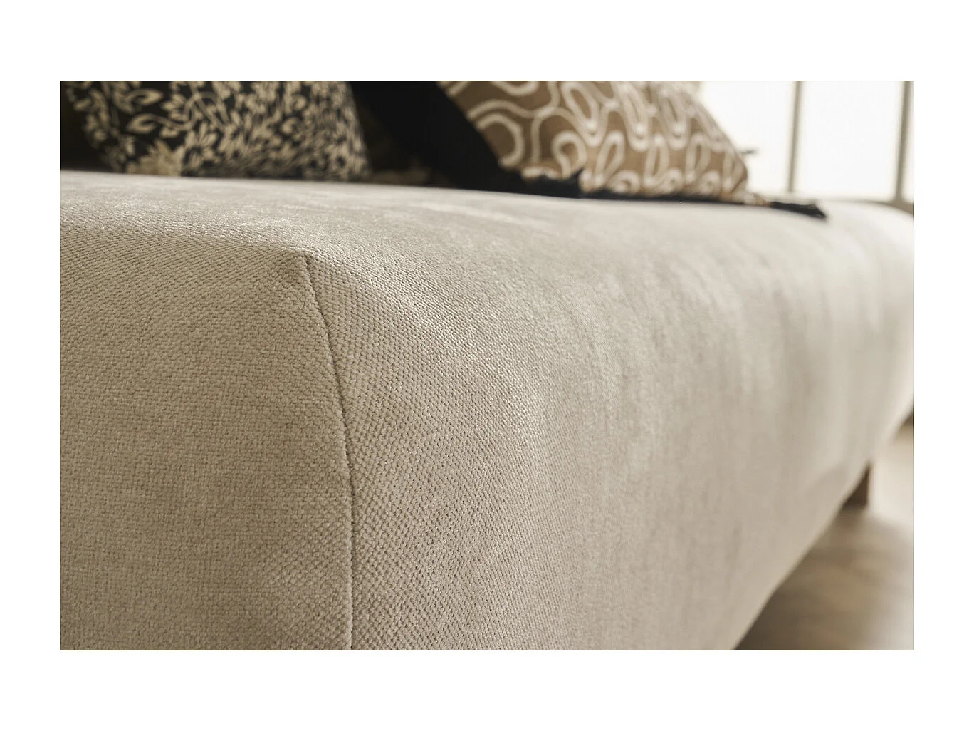 Sofá 3 plazas de tejido efecto aterciopelado texturizado beige y madera clara 200 cm ODEON