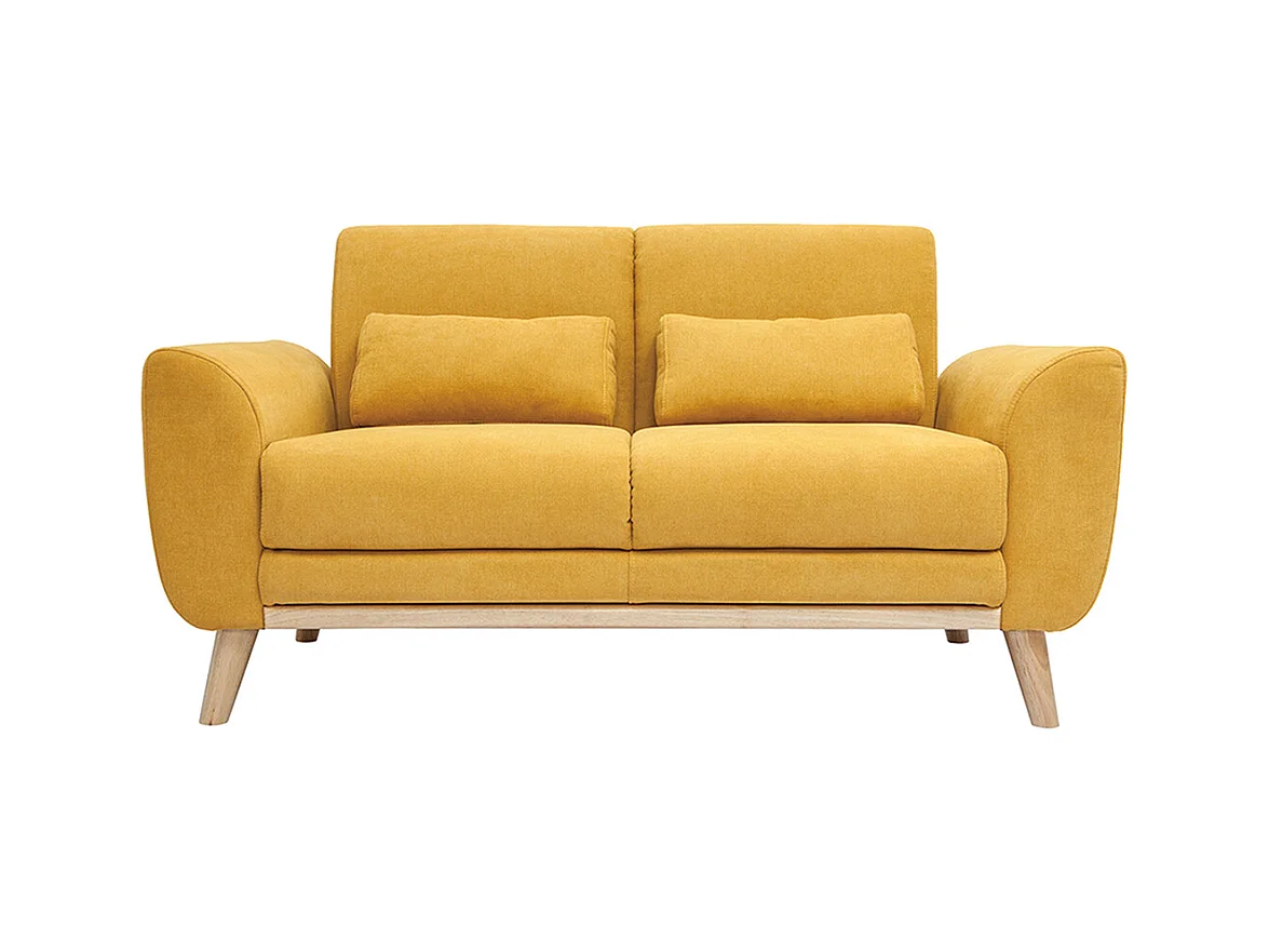 Canapé scandinave 2 places en tissu effet velours jaune moutarde et bois clair EKTOR