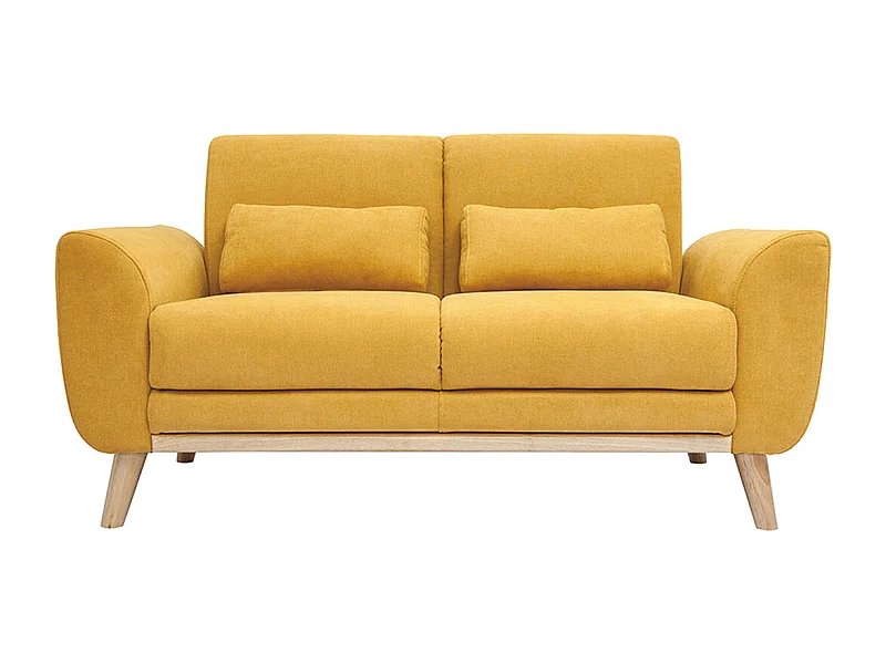 Canapé scandinave 2 places en tissu effet velours jaune moutarde et bois clair EKTOR