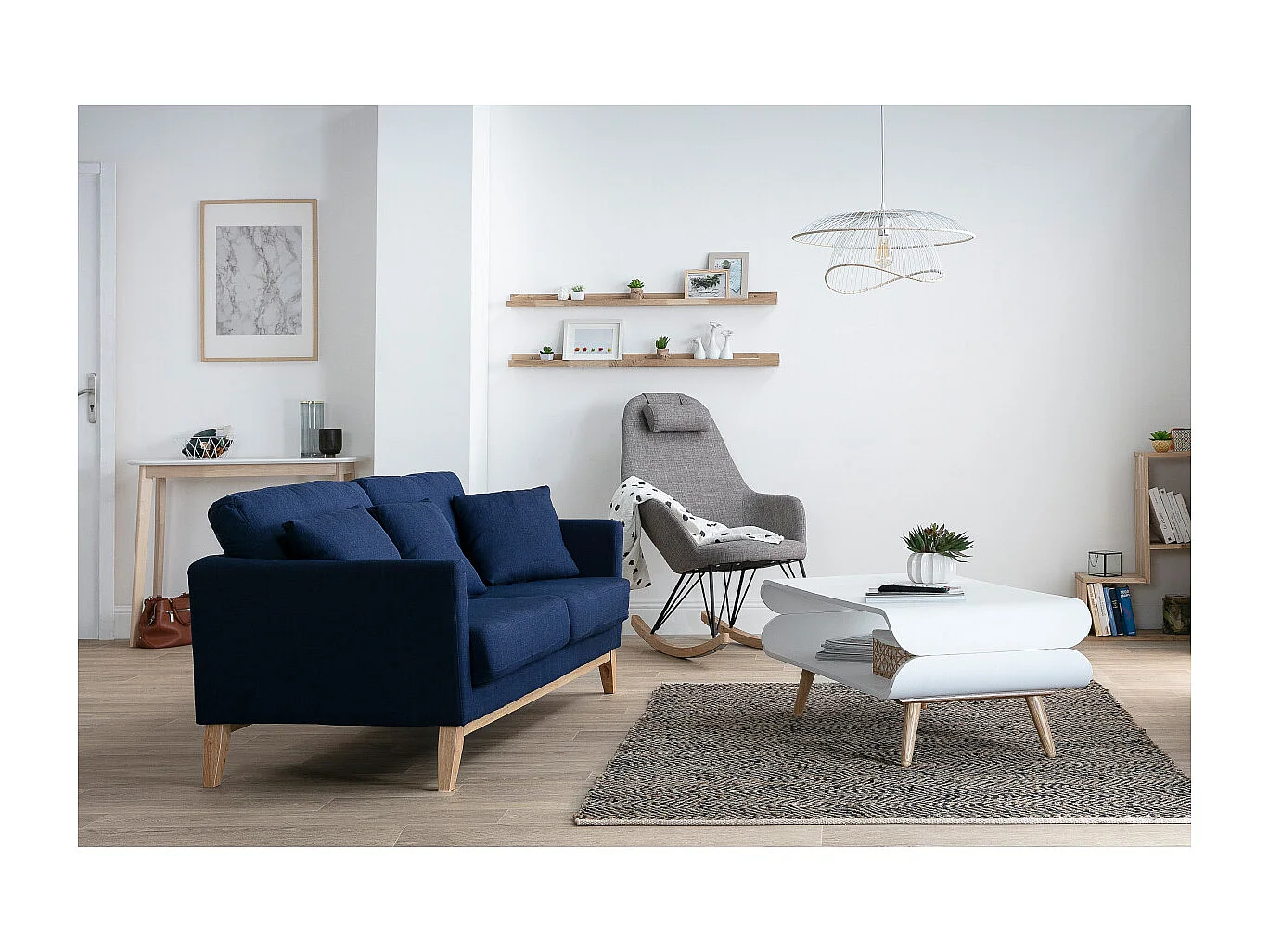 Canapé scandinave déhoussable 3 places en tissu bleu foncé et bois clair OSLO
