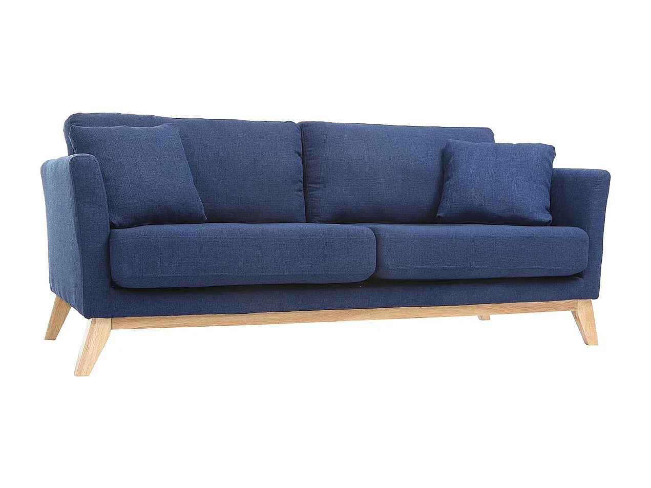 Canapé scandinave déhoussable 3 places en tissu bleu foncé et bois clair OSLO