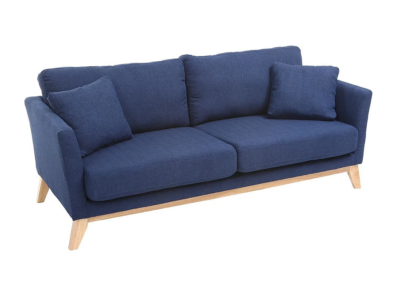 Canapé scandinave déhoussable 3 places en tissu bleu foncé et bois clair OSLO