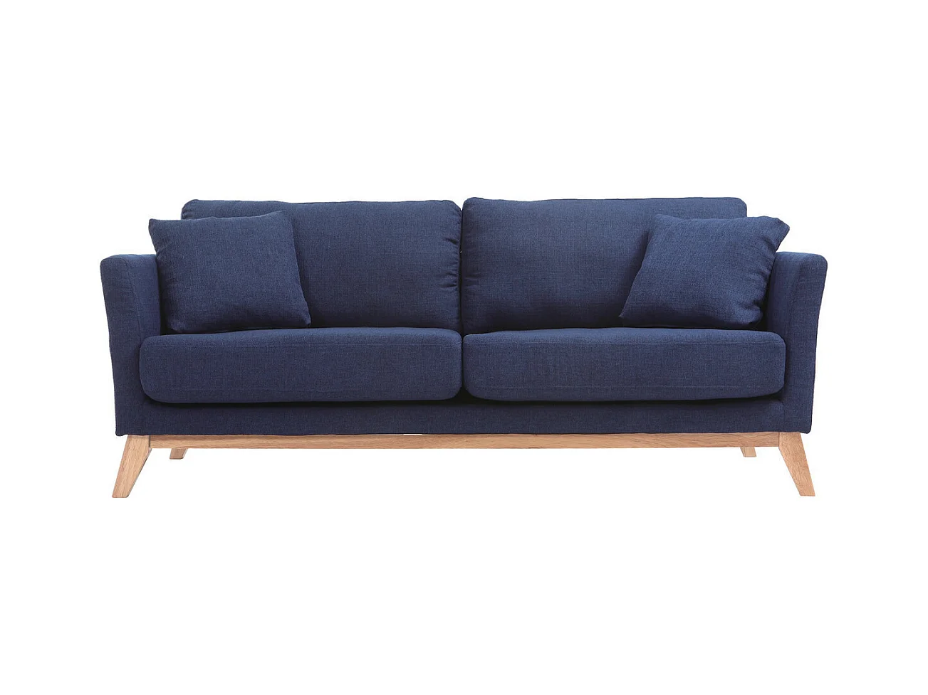 Canapé scandinave déhoussable 3 places en tissu bleu foncé et bois clair OSLO
