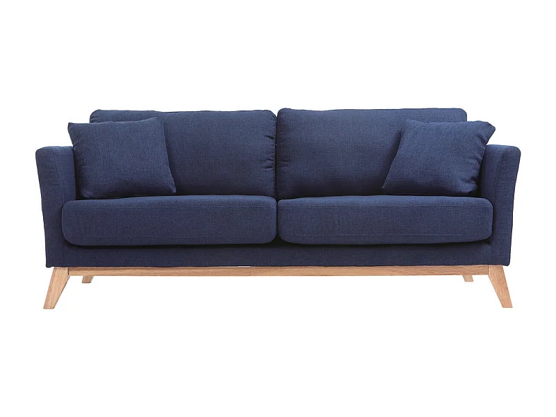 Canapé scandinave déhoussable 3 places en tissu bleu foncé et bois clair OSLO