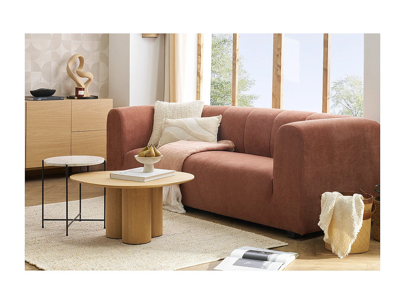 Canapé design en tissu effet velours terre brûlée 3-4 places OLIVEIRO