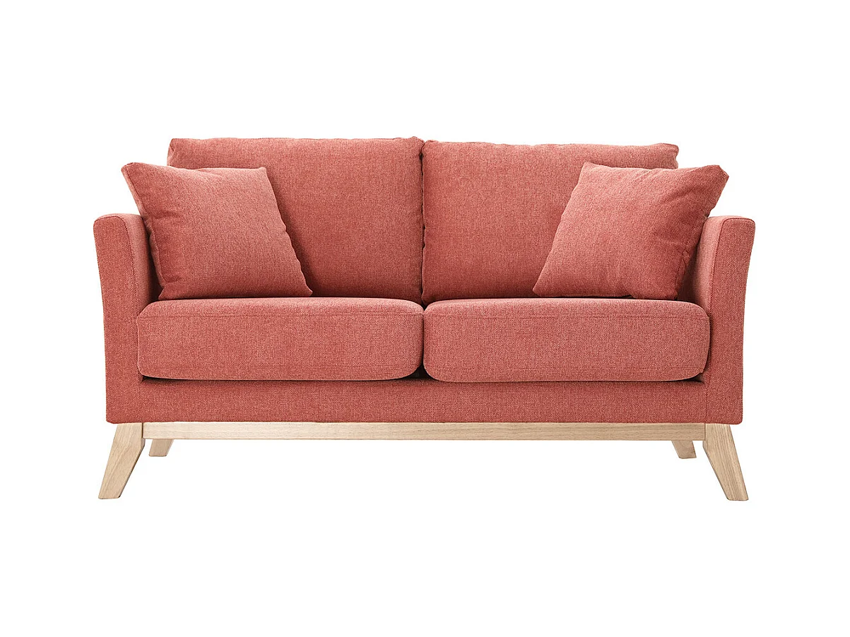 Canapé scandinave déhoussable 2 places en tissu effet velours texturé terracotta et bois clair OSLO