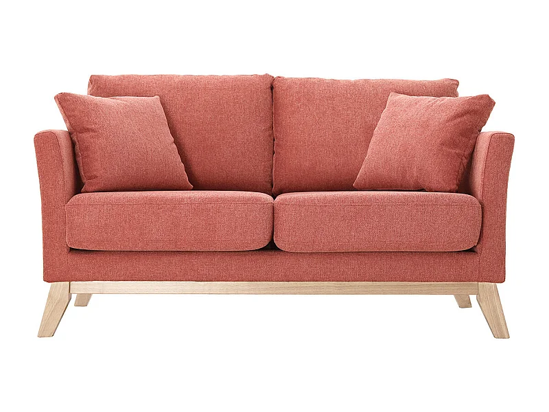 Canapé scandinave déhoussable 2 places en tissu effet velours texturé terracotta et bois clair OSLO