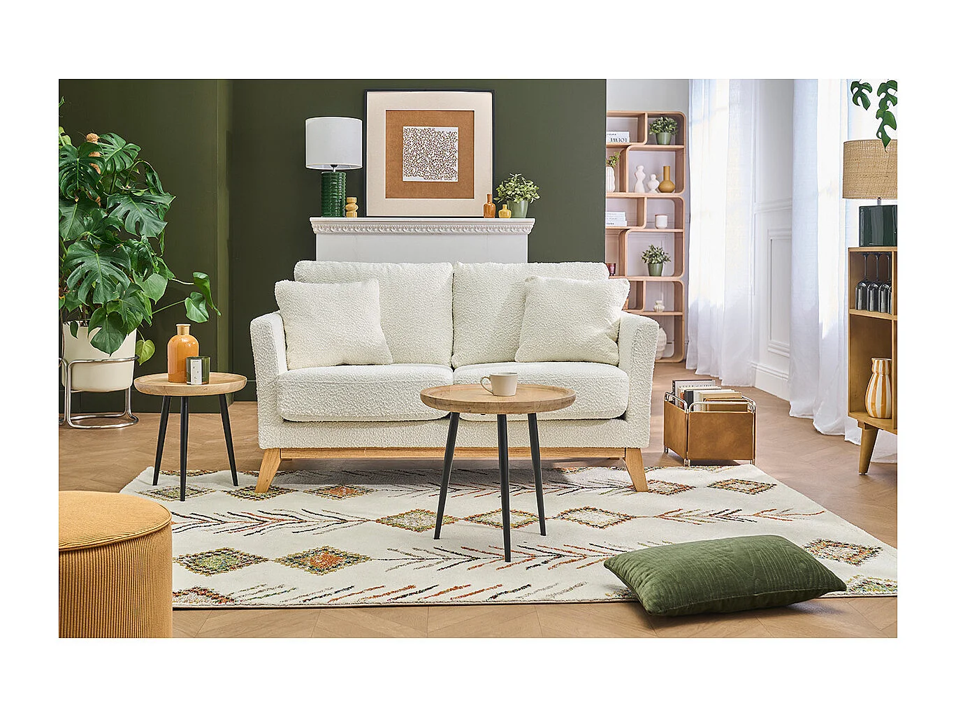 Sofá nórdico 2 plazas efecto borreguillo blanco con patas de madera OSLO