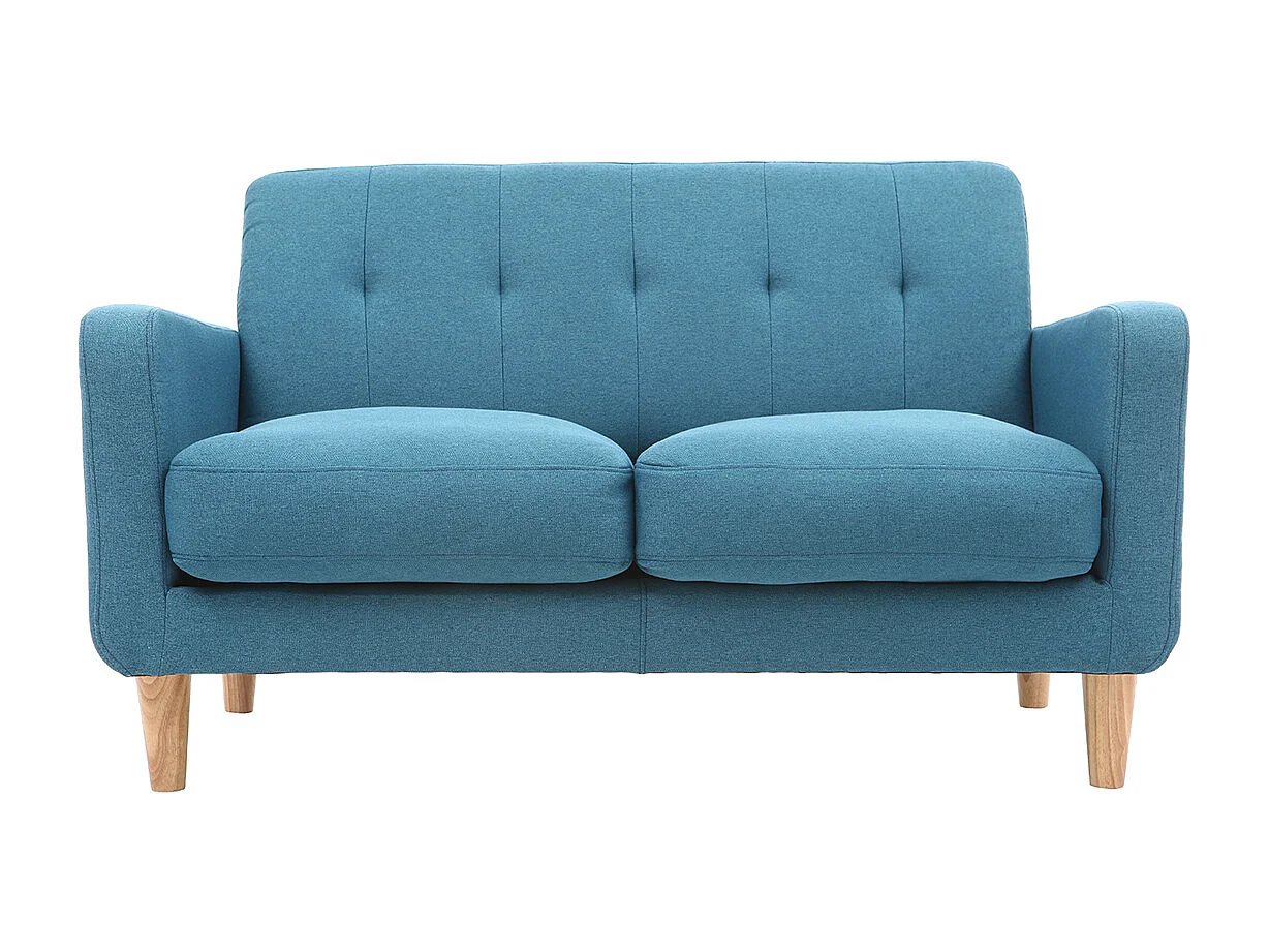 Canapé scandinave 2 places en tissu bleu canard et bois clair LUNA