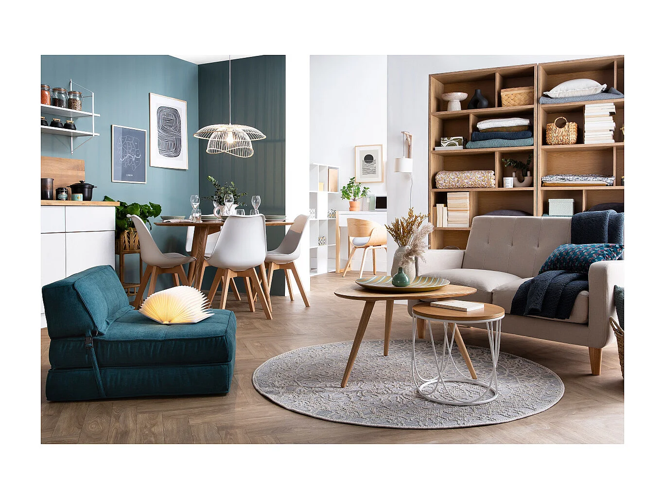 Canapé scandinave 2 places en tissu bleu canard et bois clair LUNA