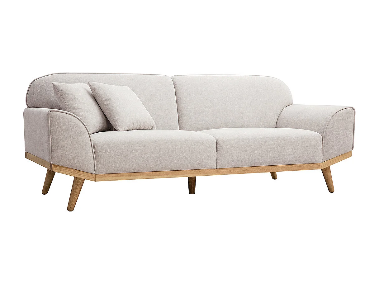 Skandinavisches Sofa aus beigem Stoff mit Samteffekt und hellem Holz 3-Sitzer FREEMA