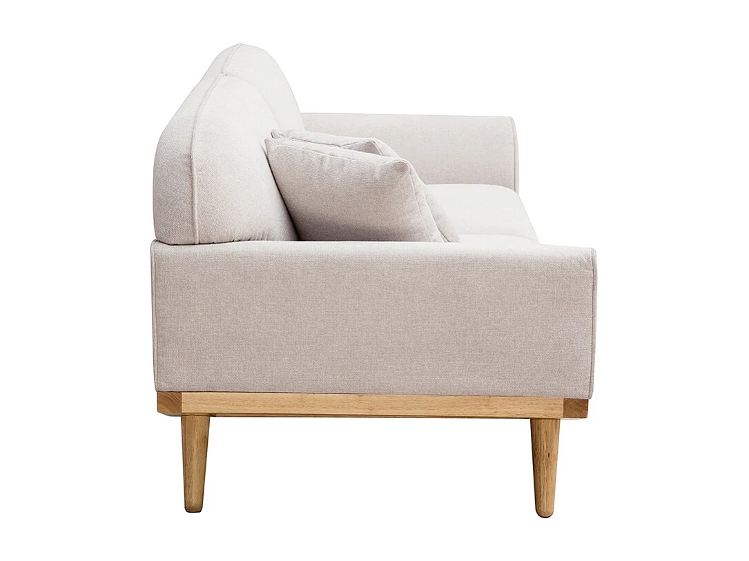 Skandinavisches Sofa aus beigem Stoff mit Samteffekt und hellem Holz 3-Sitzer FREEMA