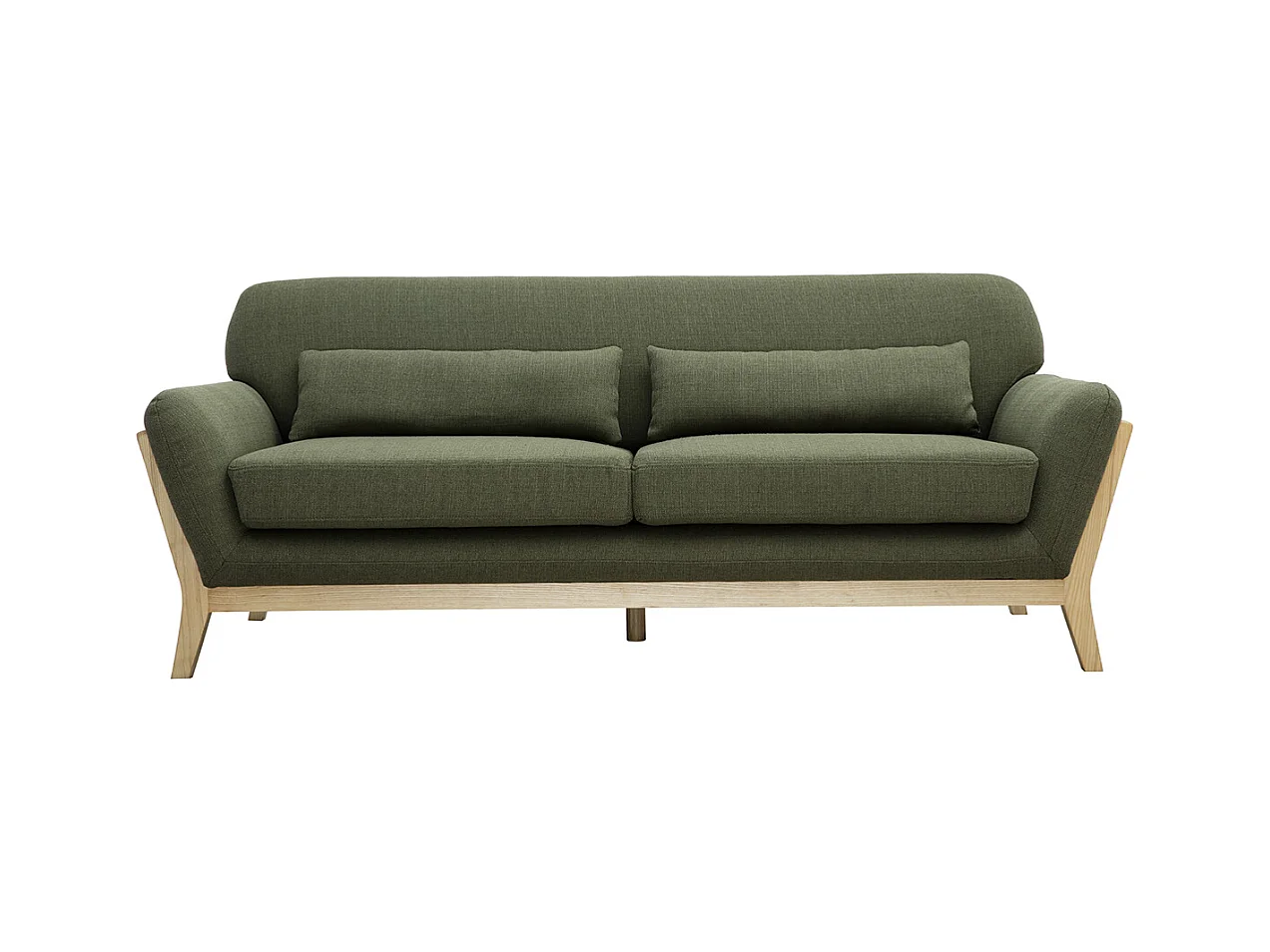Canapé scandinave 3 places en tissu vert kaki et bois clair YOKO