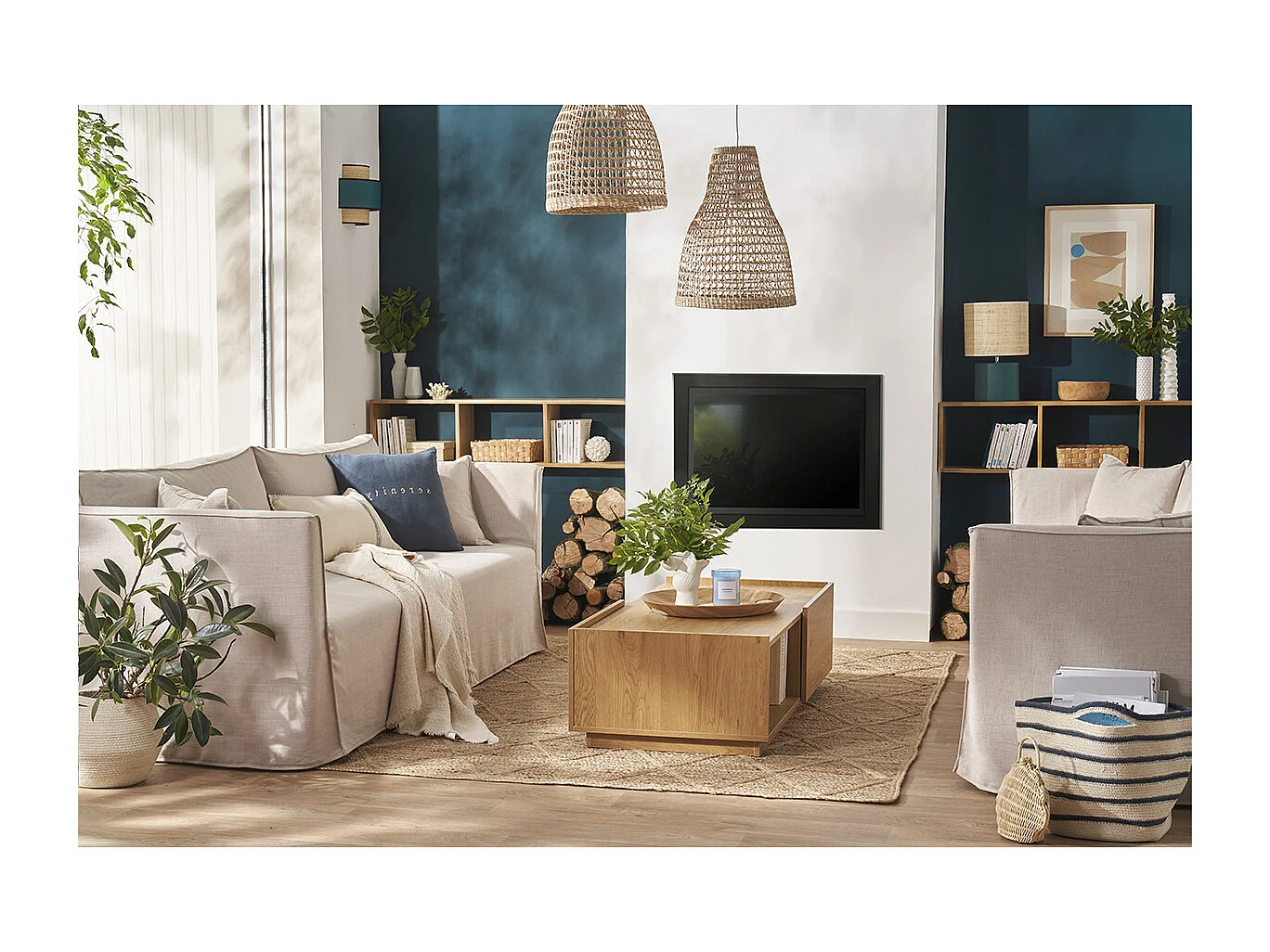 Sofá 4-5 plazas desenfundable de tejido beige ADELE