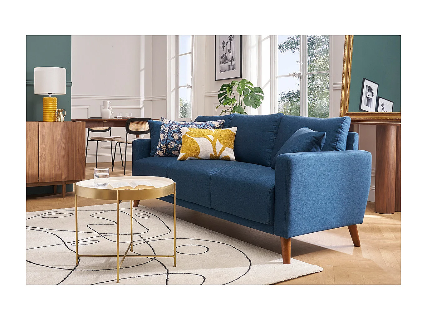 Divano 3-4 posti in tessuto blu scuro e legno scuro MUNIK